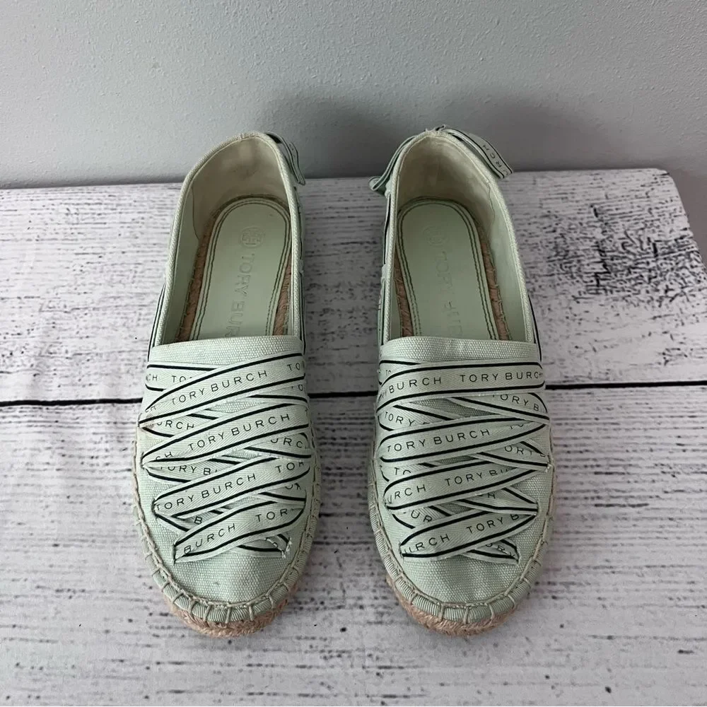 Tory Burch Mint Green Espadrille Flats with Woven Detail Size 7.5